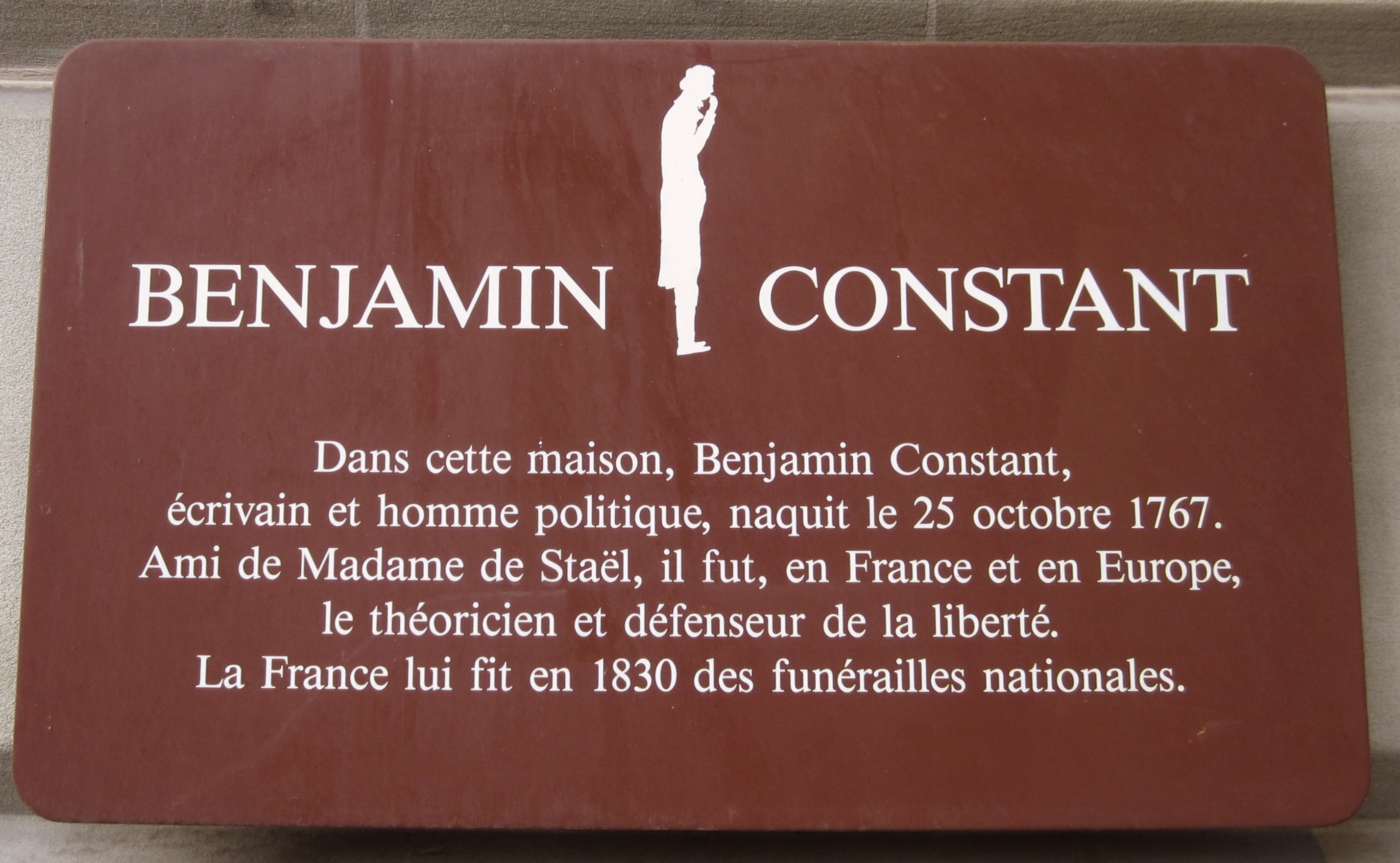 Plaque maison de Benjamin Constant  Lausanne - Source Fondation Benjamin Constant