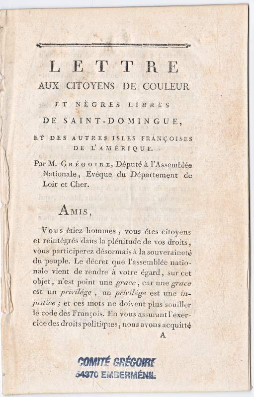 Adresse de l'Abb Gregoire aux Noirs des coloniesRAE