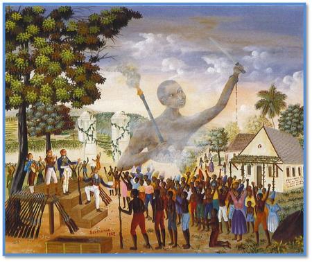 Sontonax distribuant des armes aux esclaves – Tableau de Eddy Jacques - Collection Haïti 500 ans d'histoire